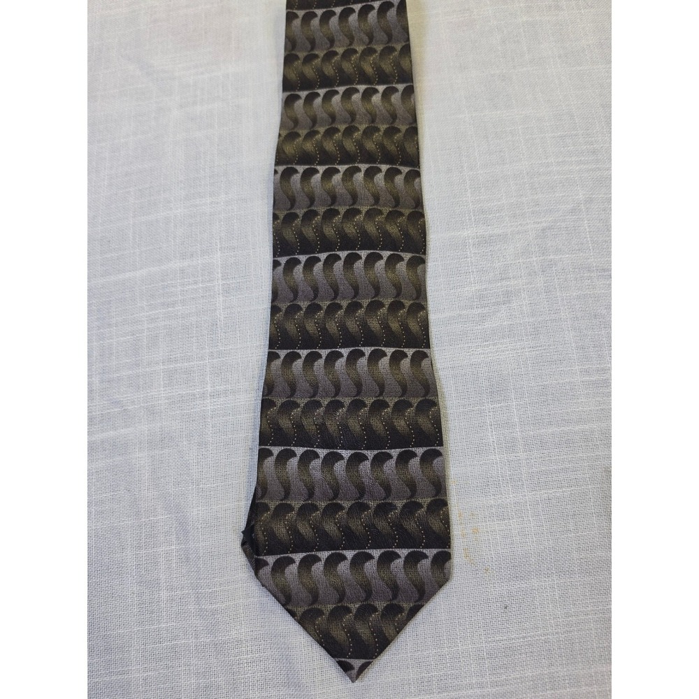 Di Mossio Mens Silk Necktie Brown Grey Geometric Wave Pattern Handmade Tie